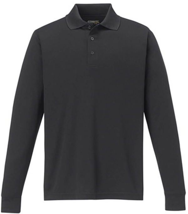 Am image of a Custom Core 365 Men's Pinnacle Performance Long Sleeve Piqué Polo in Carbon!