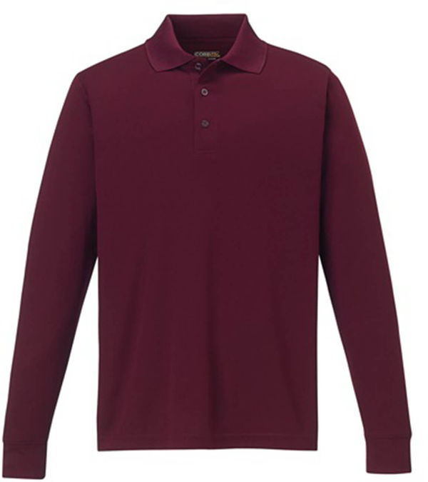 Am image of a Custom Core 365 Men's Pinnacle Performance Long Sleeve Piqué Polo in Burgundy!