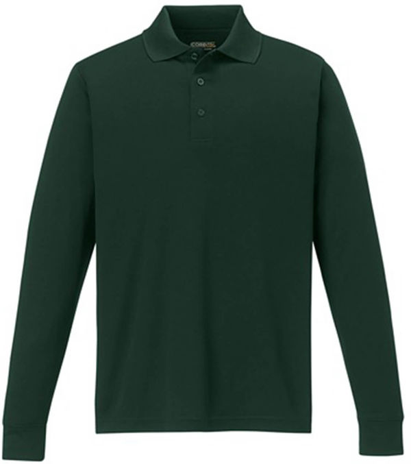 Am image of a Custom Core 365 Men's Pinnacle Performance Long Sleeve Piqué Polo in Forest!