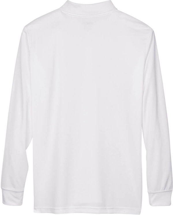 Am image of a Custom Core 365 Men's Pinnacle Performance Long Sleeve Piqué Polo in White!
