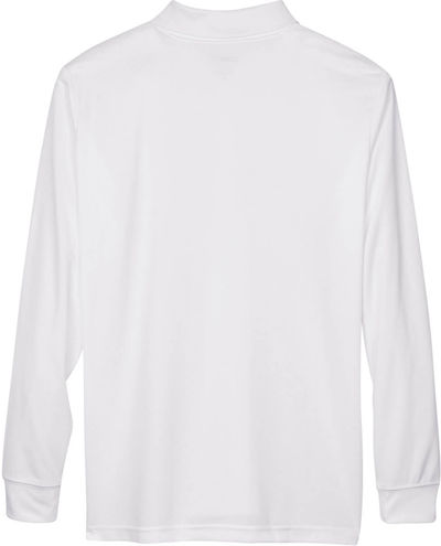 Am image of a Custom Core 365 Men's Pinnacle Performance Long Sleeve Piqué Polo in White!