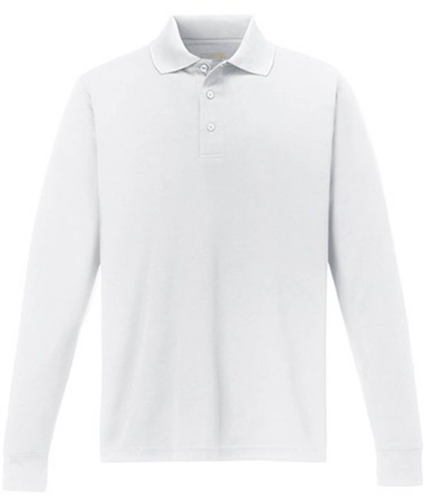 Am image of a Custom Core 365 Men's Pinnacle Performance Long Sleeve Piqué Polo in White!