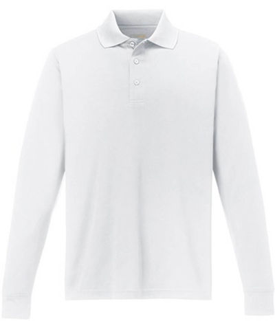 Am image of a Custom Core 365 Men's Pinnacle Performance Long Sleeve Piqué Polo in White!