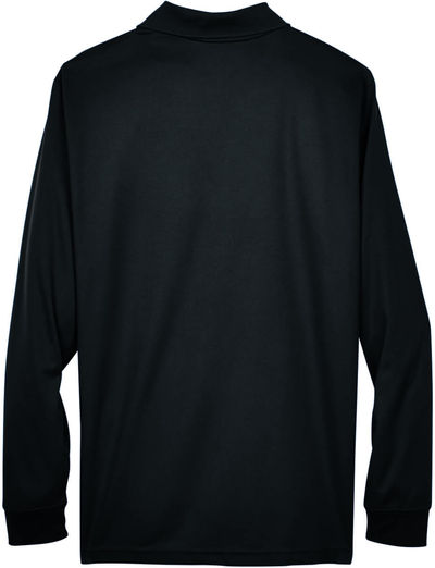 Am image of a Custom Core 365 Men's Pinnacle Performance Long Sleeve Piqué Polo in Black!