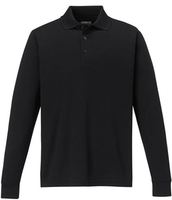Am image of a Custom Core 365 Men's Pinnacle Performance Long Sleeve Piqué Polo in Black!