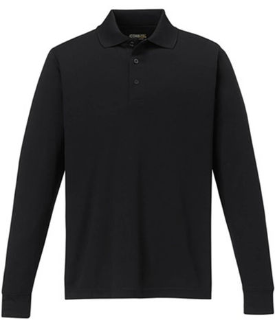 Am image of a Custom Core 365 Men's Pinnacle Performance Long Sleeve Piqué Polo in Black!