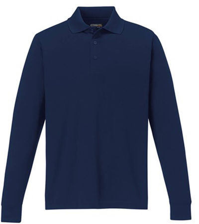 Am image of a Custom Core 365 Men's Pinnacle Performance Long Sleeve Piqué Polo in Classic Navy!