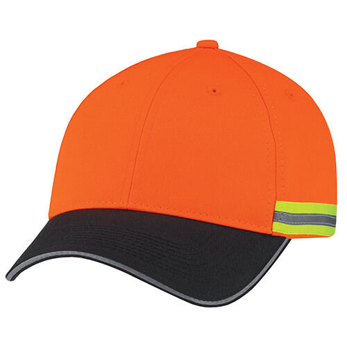 AJM Polycotton 6 Panel Constructed Reflective Safety Cap in Black/Fluorescent Orange/Reflective Grey