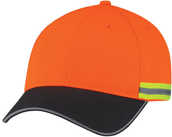 Am image of a Custom AJM Polycotton 6 Panel Constructed Reflective Safety Cap in Black/Fluorescent Orange/Reflective Grey!