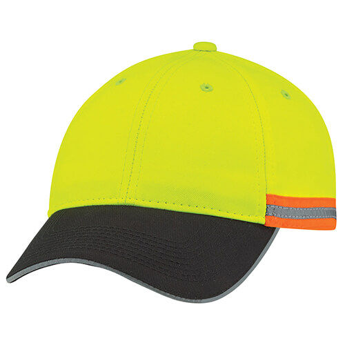 AJM Polycotton 6 Panel Constructed Reflective Safety Cap in Black/Safety Green/Reflective Grey
