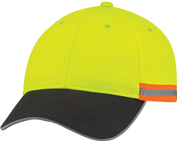 Am image of a Custom AJM Polycotton 6 Panel Constructed Reflective Safety Cap in Black/Safety Green/Reflective Grey!