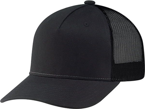 Am image of a Custom Deluxe Chino Twill Nylon Mesh 5 Panel Constructed Pro Round Five Mesh Back in Black!