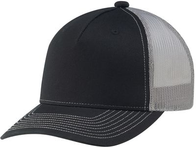 Am image of a Custom Deluxe Chino Twill Nylon Mesh 5 Panel Constructed Pro Round Five Mesh Back in Black/Black/Slate!