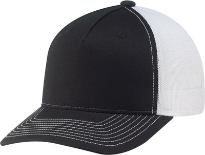 Am image of a Custom Deluxe Chino Twill Nylon Mesh 5 Panel Constructed Pro Round Five Mesh Back in Black/Black/White!