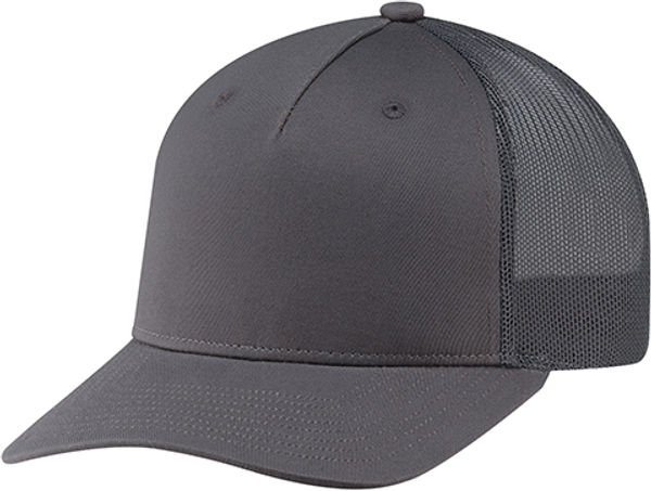 Am image of a Custom Deluxe Chino Twill Nylon Mesh 5 Panel Constructed Pro Round Five Mesh Back in Charcoal!