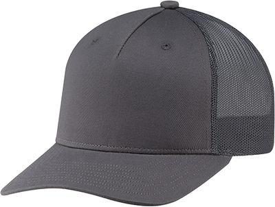 Am image of a Custom Deluxe Chino Twill Nylon Mesh 5 Panel Constructed Pro Round Five Mesh Back in Charcoal!