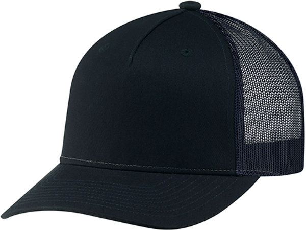 Am image of a Custom Deluxe Chino Twill Nylon Mesh 5 Panel Constructed Pro Round Five Mesh Back in Navy!