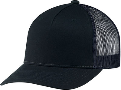 Am image of a Custom Deluxe Chino Twill Nylon Mesh 5 Panel Constructed Pro Round Five Mesh Back in Navy!