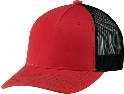 Am image of a Custom Deluxe Chino Twill Nylon Mesh 5 Panel Constructed Pro Round Five Mesh Back in Red/Red/Black!