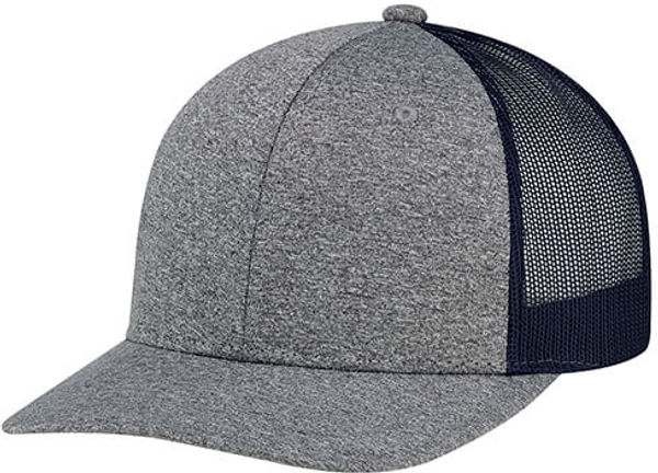 Am image of a Custom AJM Polyester Heather Nylon Mesh Hat in Charcoal/Navy!