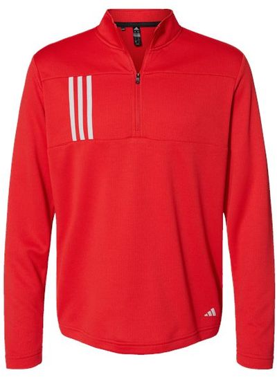 Am image of a Custom Adidas 3 Stripes Double Knit Quarter Zip Pullover in Team Collegiate Red!