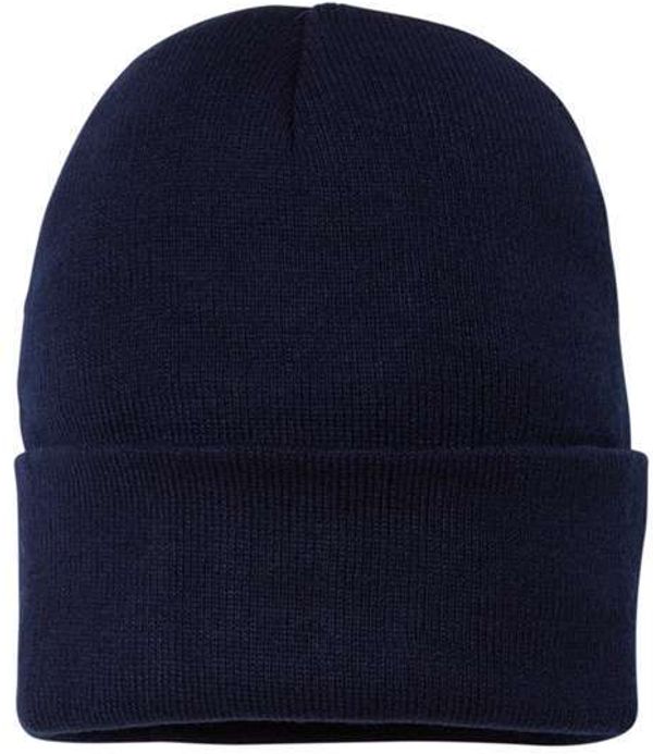 Am image of a Custom Sportsman Fleece Lined 12in Cuffed Beanie in Navy!