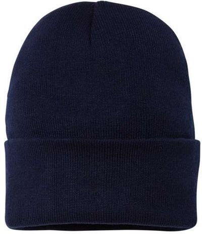 Am image of a Custom Sportsman Fleece Lined 12in Cuffed Beanie in Navy!