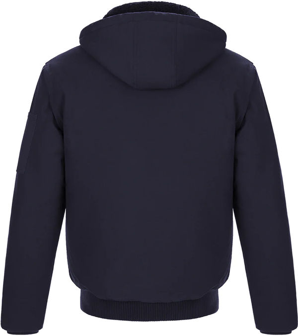 Am image of a Custom CX2 Big Red Mens Cotton Canvas Bomber Jacket with Sherpa Lining in Navy!