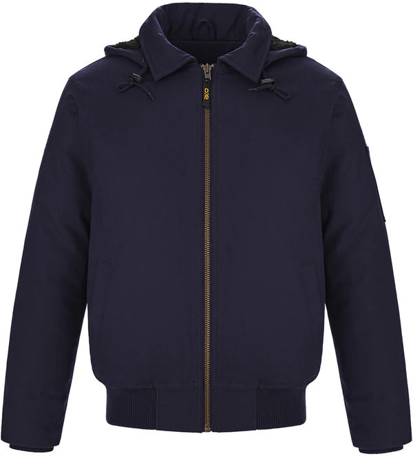 Am image of a Custom CX2 Big Red Mens Cotton Canvas Bomber Jacket with Sherpa Lining in Navy!