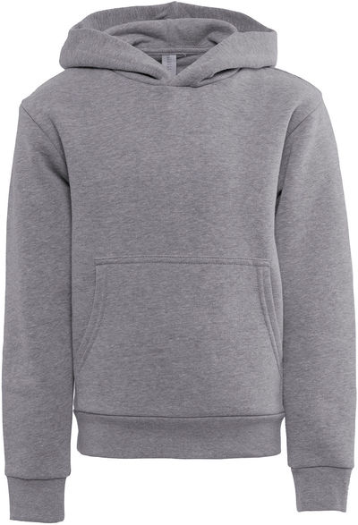 Am image of a Custom Next Level Apparel Youth Fleece Pullover Hooded Sweatshirt in Heather Gray!