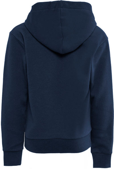 Am image of a Custom Next Level Apparel Youth Fleece Pullover Hooded Sweatshirt in Midnight Navy!