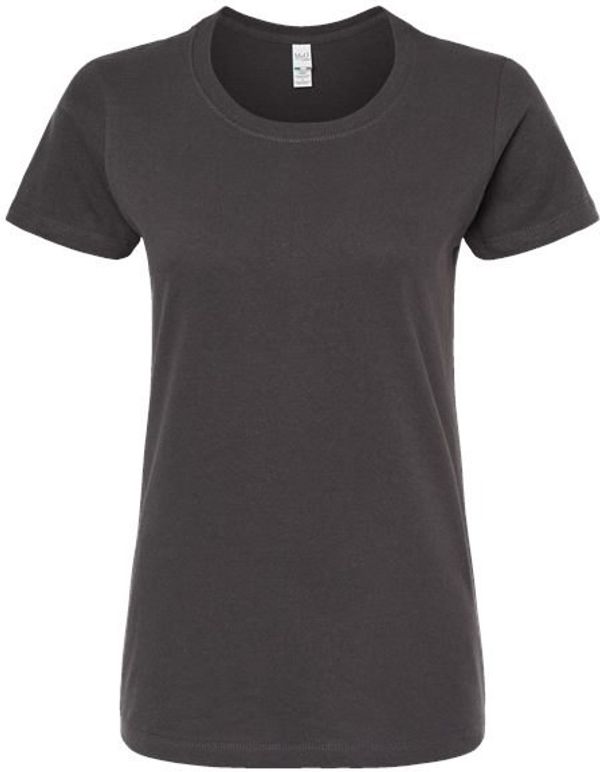 Am image of a Custom M and O Womens Gold Soft Touch TShirt in Charcoal!