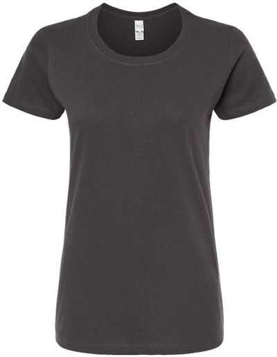 Am image of a Custom M and O Womens Gold Soft Touch TShirt in Charcoal!