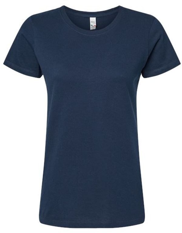 An image of a Custom M and O Womens Gold Soft Touch TShirt in Deep Navy!