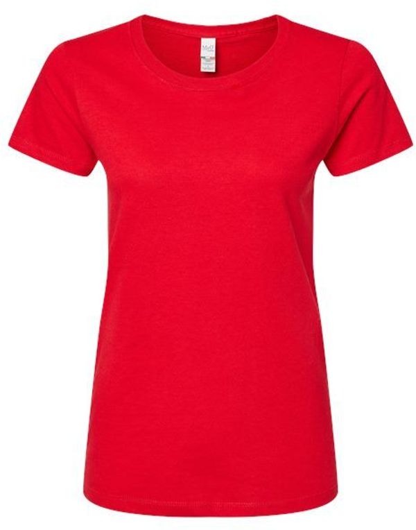 An image of a Custom M and O Womens Gold Soft Touch TShirt in Deep Red!