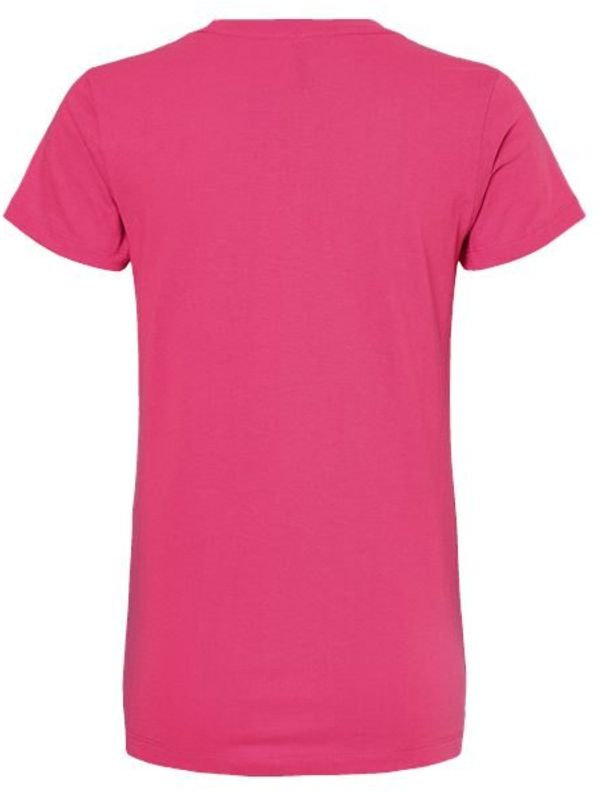 Am image of a Custom M and O Womens Gold Soft Touch TShirt in Heliconia!
