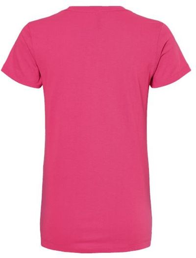 Am image of a Custom M and O Womens Gold Soft Touch TShirt in Heliconia!