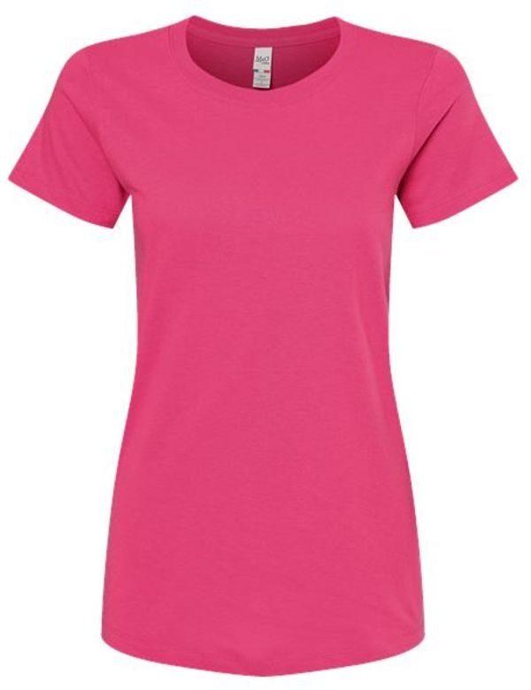 Am image of a Custom M and O Womens Gold Soft Touch TShirt in Heliconia!