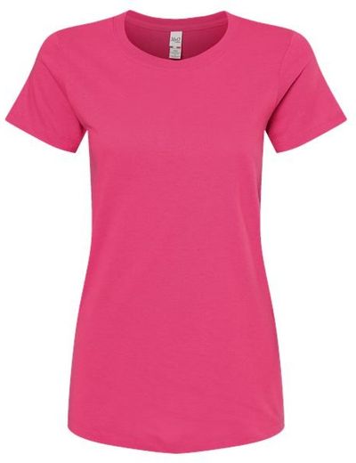 Am image of a Custom M and O Womens Gold Soft Touch TShirt in Heliconia!