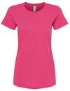 Am image of a Custom M and O Womens Gold Soft Touch TShirt in Heliconia!