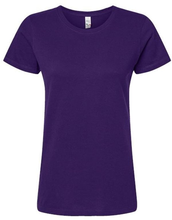 Am image of a Custom M and O Womens Gold Soft Touch TShirt in Purple!