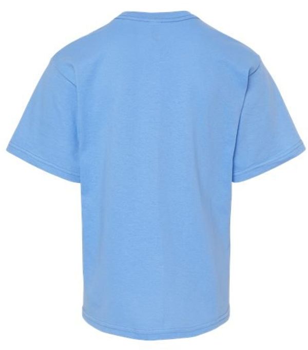 An image of a Custom M and O Youth Gold Soft Touch TShirt in Carolina Blue!