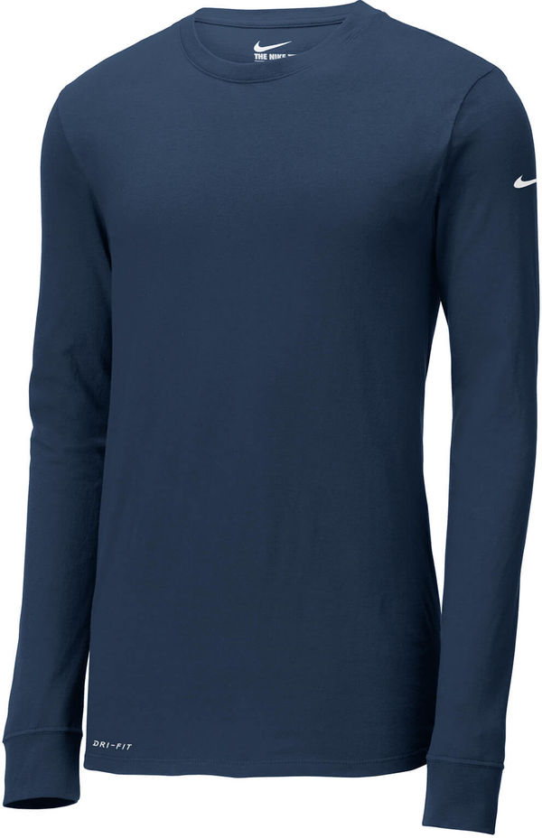 Am image of a Custom Nike Dri FIT Cotton Poly Long Sleeve Tee in College Navy!