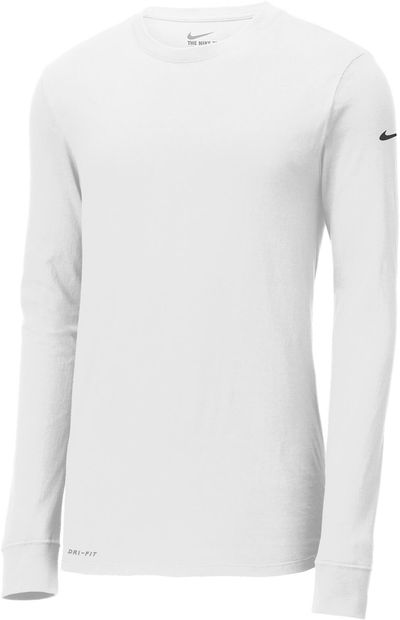 Am image of a Custom Nike Dri FIT Cotton Poly Long Sleeve Tee in White!