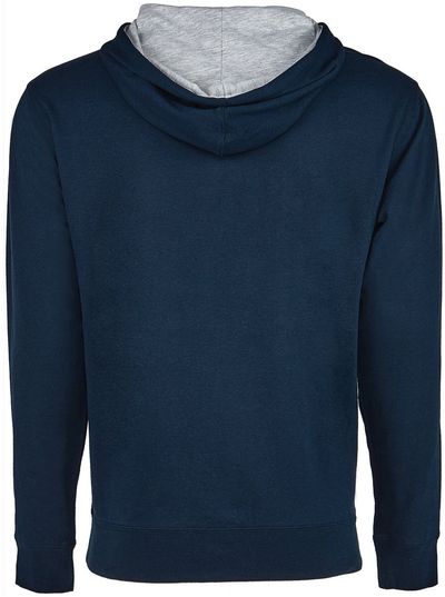 Am image of a Custom Next Level Unisex Laguna French Terry Pullover Hooded Sweatshirt in Mid Navy/Hthr Gry!