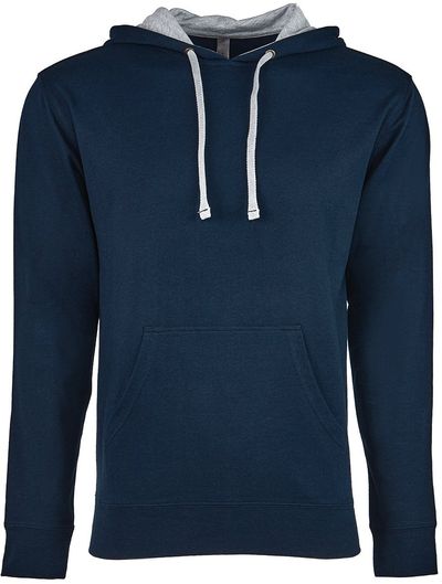 Am image of a Custom Next Level Unisex Laguna French Terry Pullover Hooded Sweatshirt in Mid Navy/Hthr Gry!