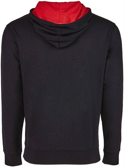 Am image of a Custom Next Level Unisex Laguna French Terry Pullover Hooded Sweatshirt in Black/Red!