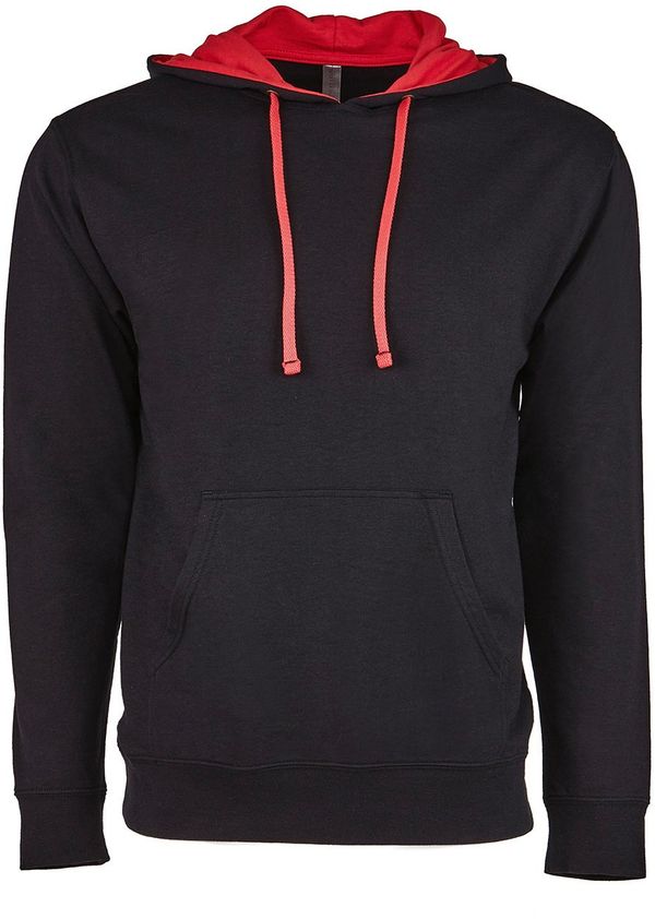 Am image of a Custom Next Level Unisex Laguna French Terry Pullover Hooded Sweatshirt in Black/Red!