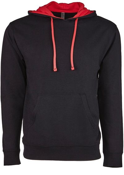 Am image of a Custom Next Level Unisex Laguna French Terry Pullover Hooded Sweatshirt in Black/Red!