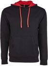 Am image of a Custom Next Level Unisex Laguna French Terry Pullover Hooded Sweatshirt in Black/Red!